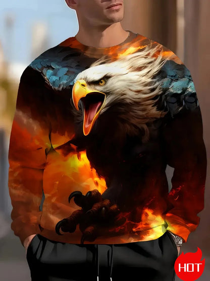 Men's Eagle Printed Casual Sweatshirts Long Sleeve Streetwear 3D Animal Printing Hip Hop Male Tops Plus Size Crewneck Pullover