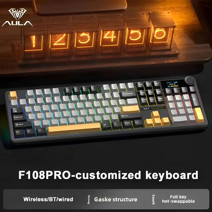 AULA F108 PRO Wireless Mechanical Keyboard 3 Mode RGB Backlit Gaming Keyboard With Screen 8000mAh Battery 104 Keys Hot Swappable