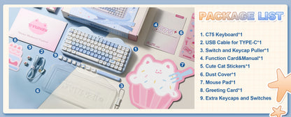 YUNZII C75 Wireless Mechanical Keyboard, 75% Creamy Hot Swap Custom RGB Keyboard, Gasket Cute Cake Design, for Win/Mac/Gaming