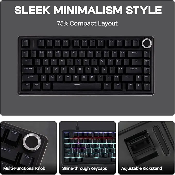 Aula F75 Wired Gaming Keyboard 75% RGB Backlight ABS Keycap Gasket Structure Hot Swappable Office Mechanical Keyboards With Knob