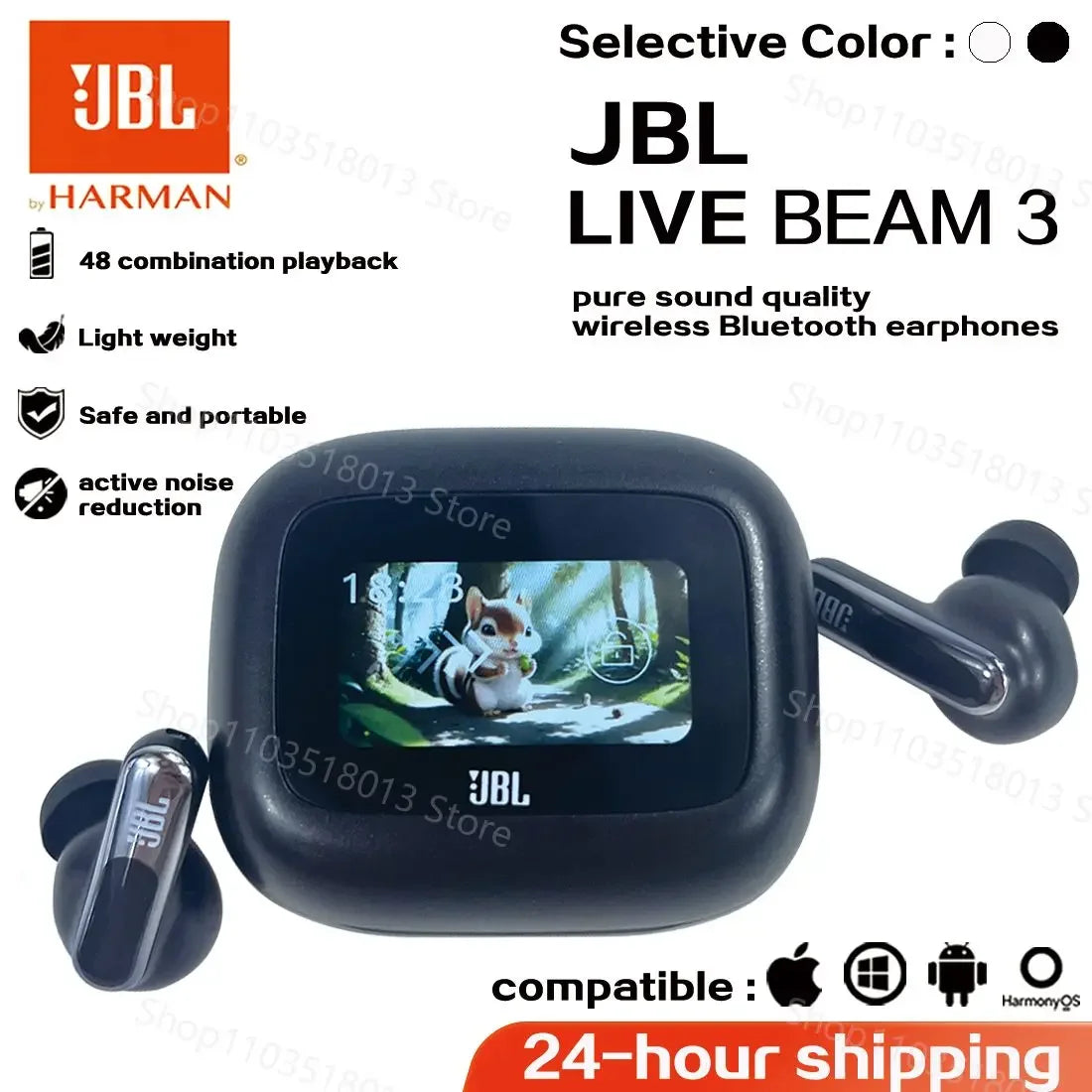 JBL Live Beam 3 True Wireless Bluetooth Earbuds with Smart Display Case, Active Noise Cancelling Headphones, HiFi Stereo Sound