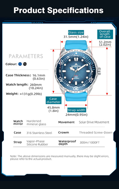 NORTH EDGE New TRITON Solar Powered Dive Watch Men Luxury Quartz Watches For Men 316L Stainless Steel Case Waterproof 300M