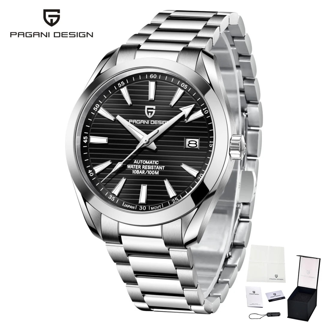 Relógio de luxo para homem PAGANI DESIGN – Modelo automático mecânico (calibre 8215), em aço inoxidável, estanque, com indicador de data e ponteiros luminescentes