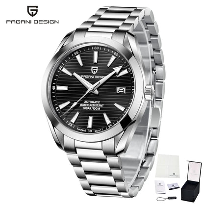 Relógio de luxo para homem PAGANI DESIGN – Modelo automático mecânico (calibre 8215), em aço inoxidável, estanque, com indicador de data e ponteiros luminescentes