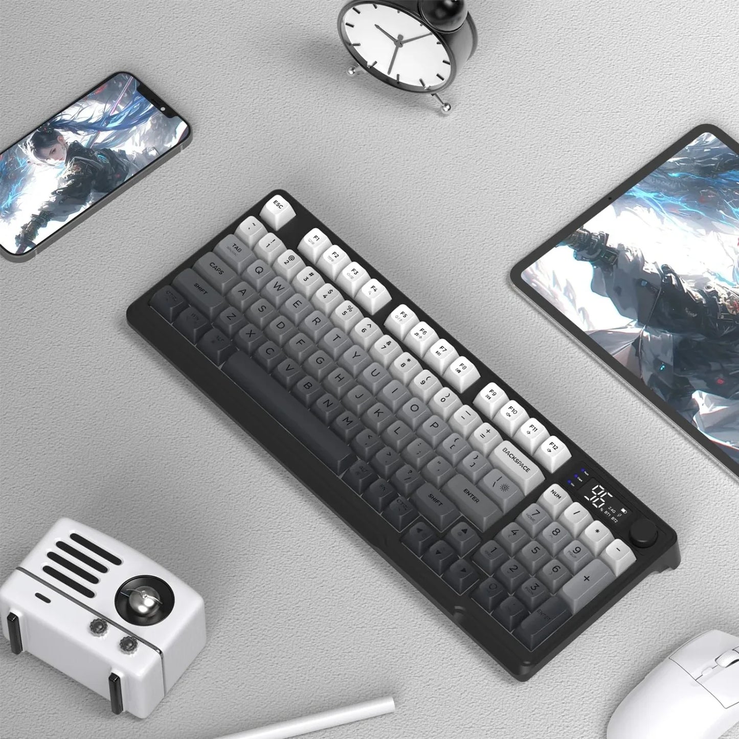 FREEWOLF M96 Wireless Keyboard RGB Gaming Keyboard with Knob Control, Bluetooth/2.4G/USB Wired Mechanical Feel Keyboard, PBT Keycaps, Display Screen, 3000mAh Battery