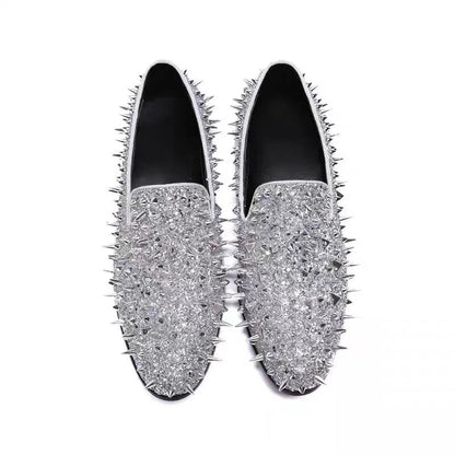 Modne niebieskie mokasyny z ćwiekami dla mężczyzn – luksusowe, ręcznie wykonane, wsuwane, eleganckie buty męskie, buty ślubne