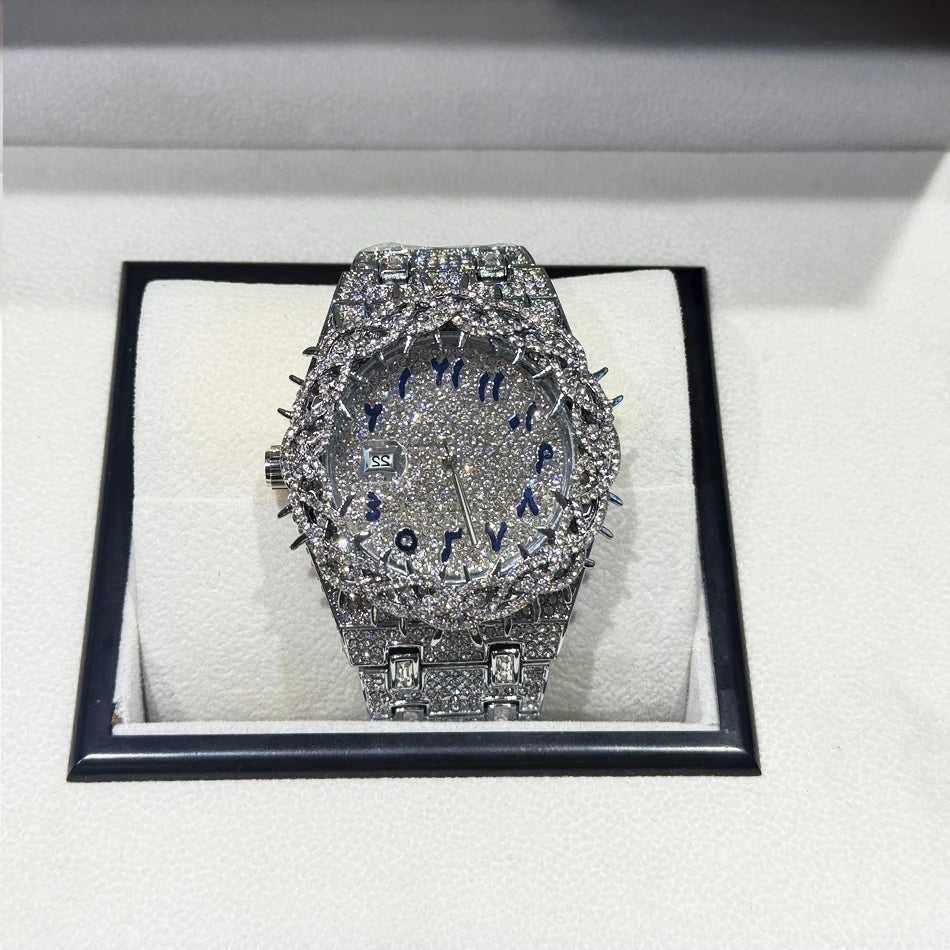 Luxury Full Diamond Men's Quartz Watch Thorn Bracelet Hip Hop Style Date Display with Luminous Function Men business Wristwatch