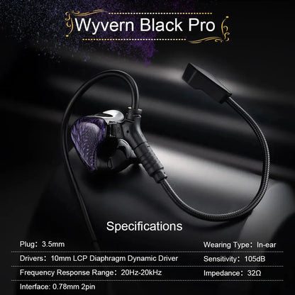 Kinera Celest Wyvern Black Dragon In-Ear HiFi Earphones 10mm LCP Dynamic Drive Music Gaming Earphones 3.5mm Type-C Lightning MIC