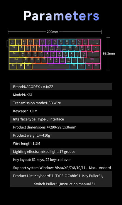 Ajazz NK61 Wired Mechanical Gaming Keyboard with full-key hot-swappable switches  RGB lighting effects 61 keys red switches