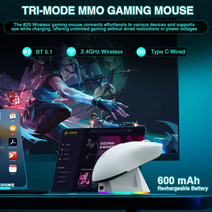 Rato Gaming Sem Fios SOLAKAKA SM820 Tri-mode Ultra-Leve, Dock Magnético Recarregável, RGB, PAW3311, 24000DPI, Macro Sem Fios