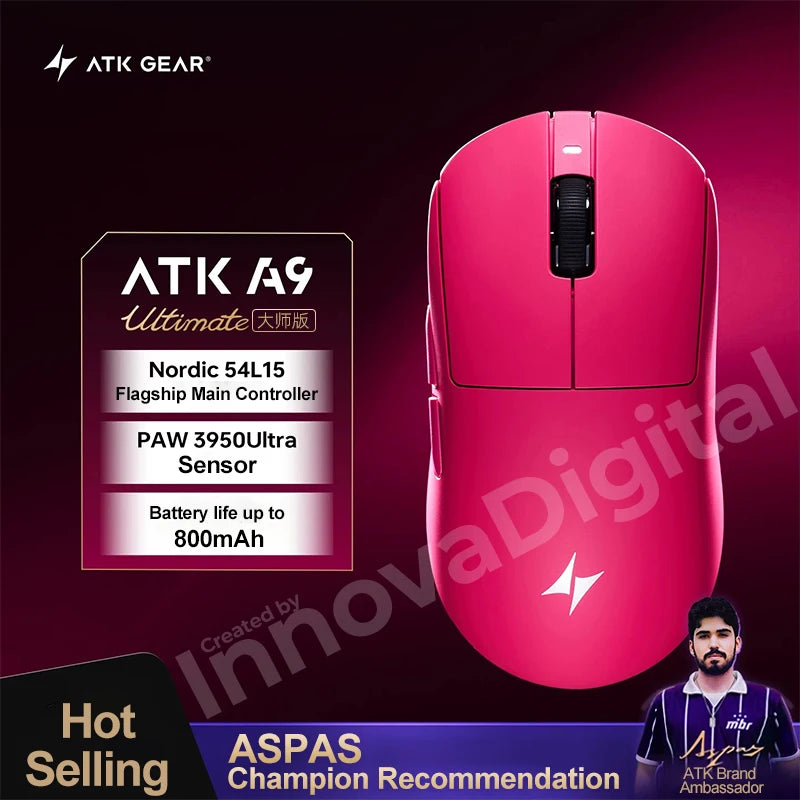 ATK Dragonfly A9 Ultimate безжична геймърска мишка A9 Air PAW3950, ултралека ергономична e-sports мишка за FPS геймъри, CSGO A9 Ultra