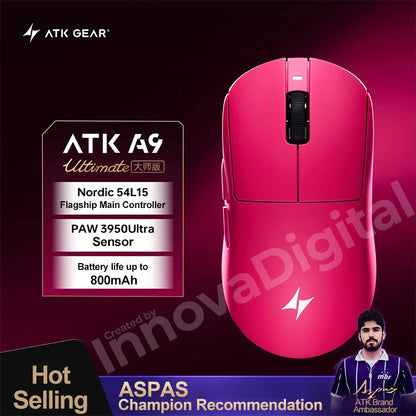 ATK Dragonfly A9 Ultimate безжична геймърска мишка A9 Air PAW3950, ултралека ергономична e-sports мишка за FPS геймъри, CSGO A9 Ultra