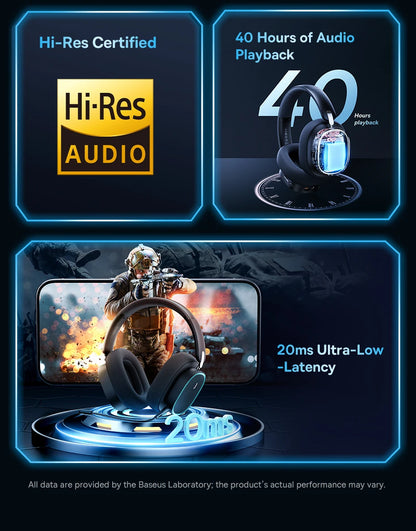 Baseus GH02 Gaming Wireless Headphones Bluetooth 5.3 Over-Ear Headset with Mic, 40mm Driver RGB Gaming Headphones, 2.4G Wireless Low Latency Headset