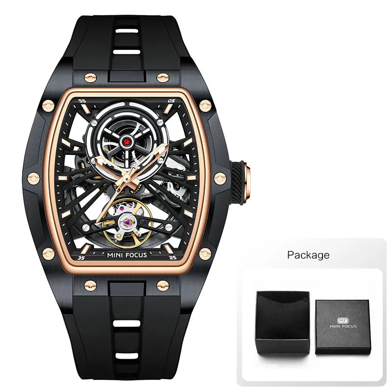MINI FOCUS Men's Wristwatch Fashion Black Waterproof Automatic Mechanical Watch with Luminous Hands Silicone Strap Tonneau Dial