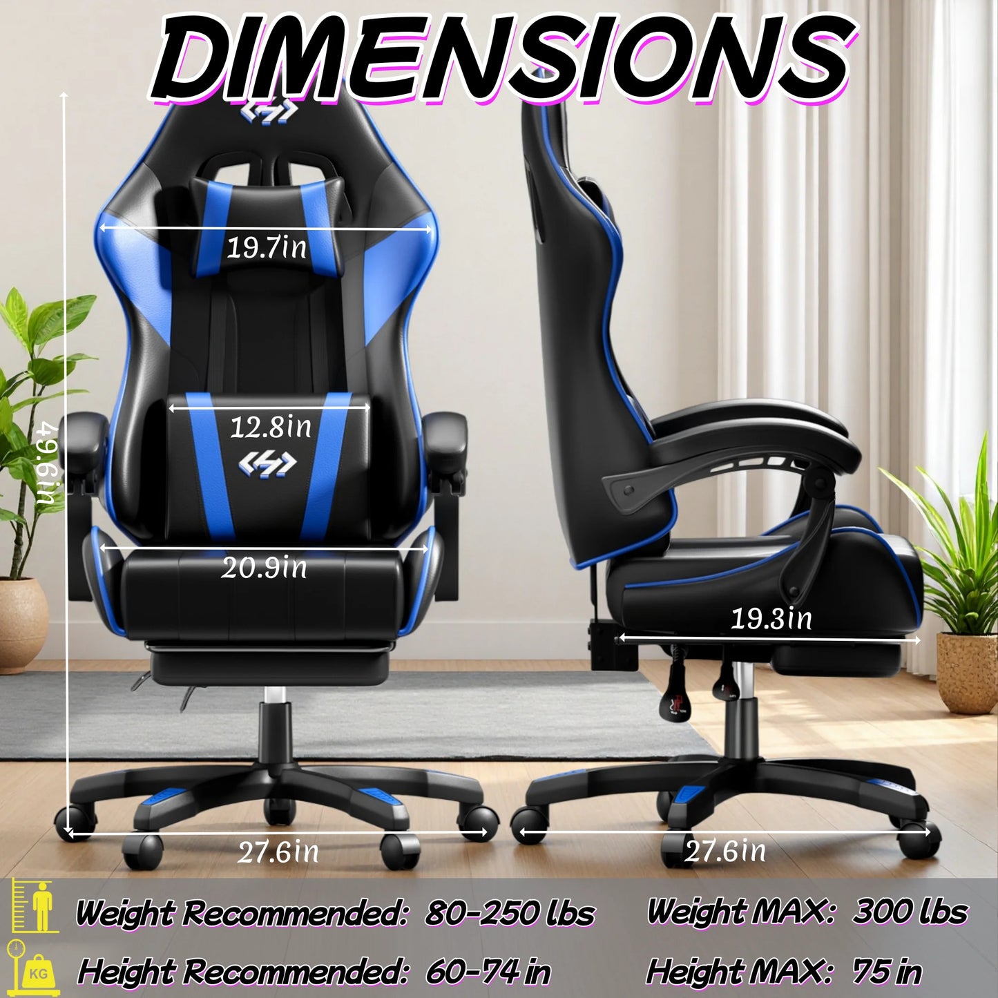 Ergonomic Gaming Chair with Footrest and Headrest, Adjustable Computer Office Chair with Reclining Backrest, Comfortable Desk Chair for Adults