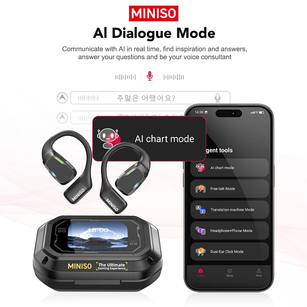 AI MINISO M98 Wireless Headphones OWS Bluetooth Earphones with AI Translator, Gaming Headset, Open Ear Sports Earbuds, LCD Touch Screen IPX5 Waterproof