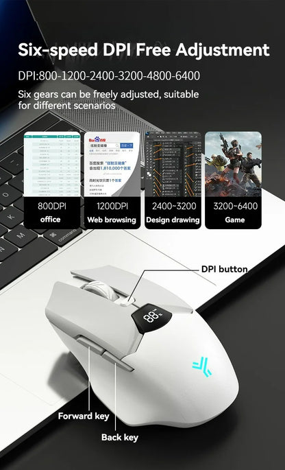 Wireless Bluetooth Mouse with Smart Screen Display, Dual Mode Bluetooth 5.1 & 2.4G Rechargeable Silent Mouse, 6400 DPI Ergonomic Office Mouse for Laptop, Tablet & Notebook