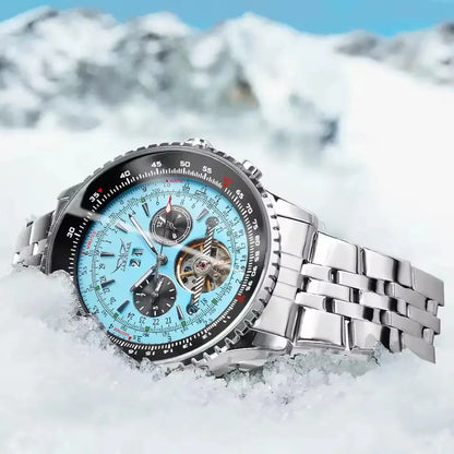 Luksusowy zegarek mechaniczny z automatycznym mechanizmem w stylu retro JARAGAR 034, tourbillon, szkieletowa konstrukcja, stal nierdzewna, kalendarz tygodniowy, zegarek męski