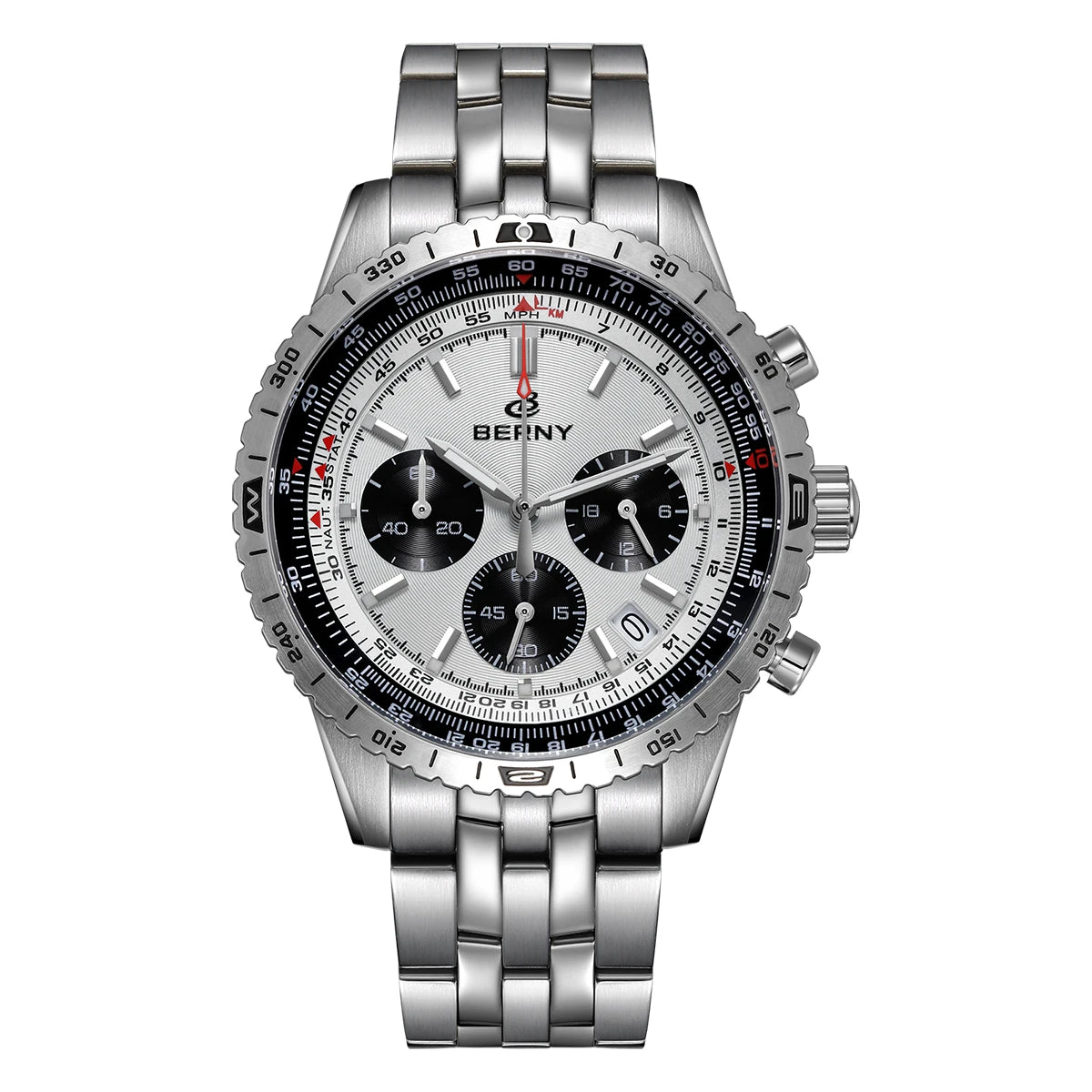 Męski zegarek chronograf BERNY – wielofunkcyjny zegarek kwarcowy w stylu lotniczym, wyposażony w datownik, szafirowe szkło i doskonałą luminescencję – luksusowy męski zegarek na rękę