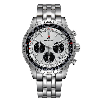 Męski zegarek chronograf BERNY – wielofunkcyjny zegarek kwarcowy w stylu lotniczym, wyposażony w datownik, szafirowe szkło i doskonałą luminescencję – luksusowy męski zegarek na rękę