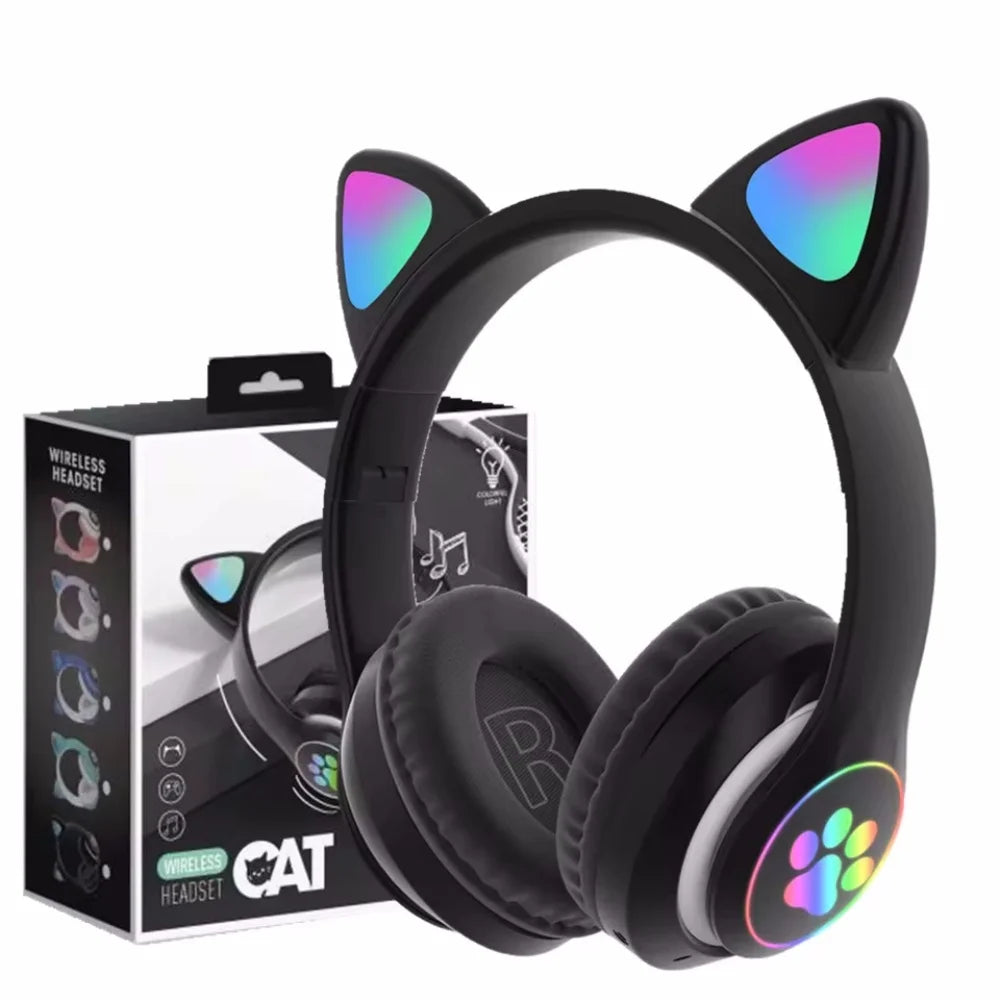 Cute Cat Ear Bluetooth Wireless Headphones with LED Lights – Kids Foldable Stereo Headset with Microphone, Bluetooth 5.0 Gaming & Music Headphones