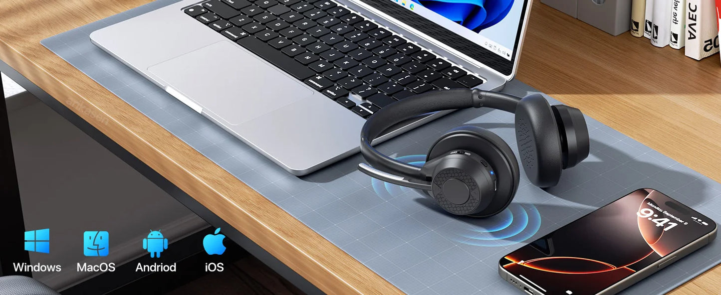 Bluetooth Headset V5.4 Wireless Headphones with Mic, Noise Cancelling Bluetooth Headset for Work, Office Calls, Zoom Meetings, Laptop & Mobile