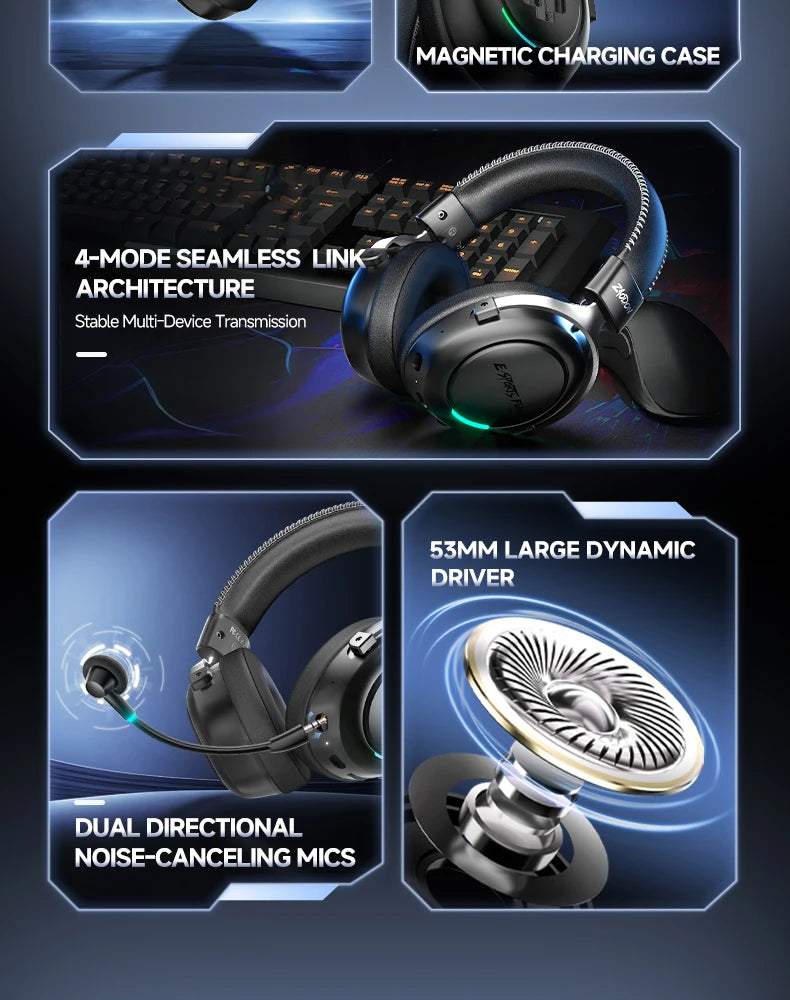 HAAYOT Wireless Gaming Headphones Bluetooth 5.3 with 53mm Titanium Drivers, 7.1 Virtual Surround Sound, Low Latency Gaming Headset for PC PS5 Mobile