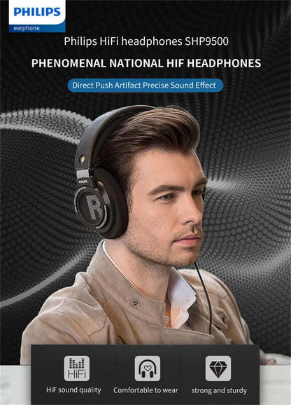 Philips SHP9500 HiFi Stereo Wired Headphones – Professional Open-Back Over-Ear Headset for Music, Gaming, Mobile & PC – High Precision Sound, 50mm Drivers, Crystal Clear Audio Performance