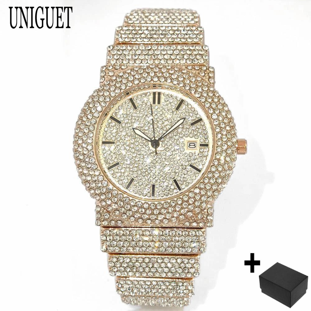 2025 UNIGUET Men's Fashion Iced Watches Luxury Hip Hop Full Diamond Jewelry Quartz Waterproof Business Wrist Watch for Men New
