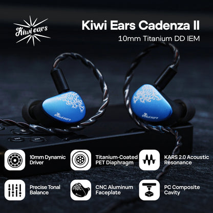 Auriculares HiFi IEM Linsoul Kiwi Ears Cadenza II con driver dinámico de titanio de 10mm, KARS 2.0 y cable desmontable