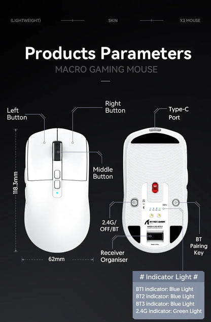 Attack Shark X6 Wireless Ergonomic Gaming Mouse, Tri-Mode Bluetooth, 2.4G & Wired Gaming Mouse, 26000 DPI Rechargeable RGB Gaming Mouse