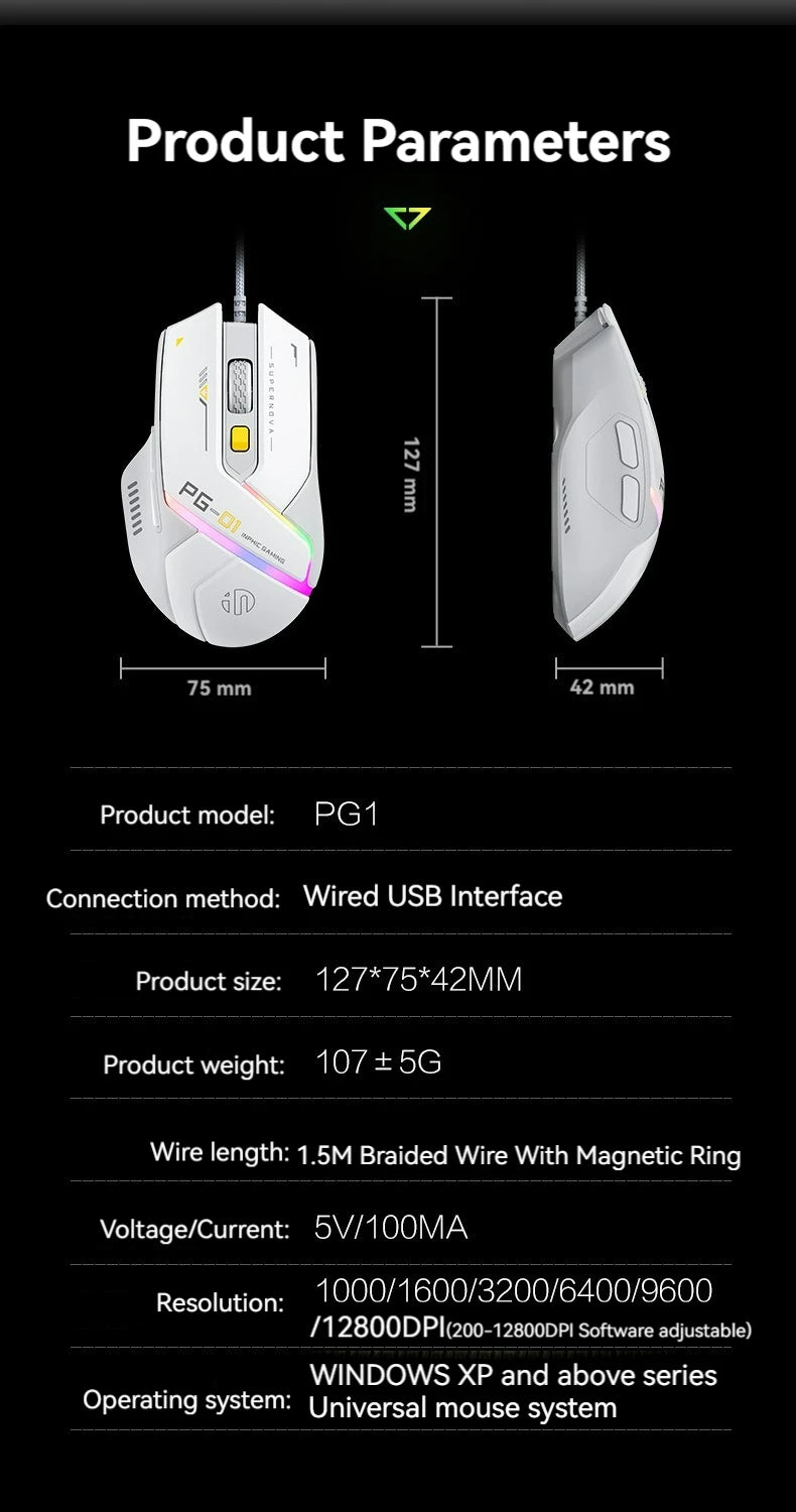 Inphic PG1 Wired Gaming Mouse RGB 12800 DPI Programmable Gaming Mouse with 6 Macro Buttons, 1000Hz Polling Rate USB Computer Mouse