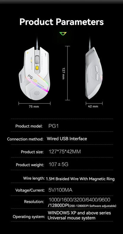 Inphic PG1 Wired Gaming Mouse RGB 12800 DPI Programmable Gaming Mouse with 6 Macro Buttons, 1000Hz Polling Rate USB Computer Mouse