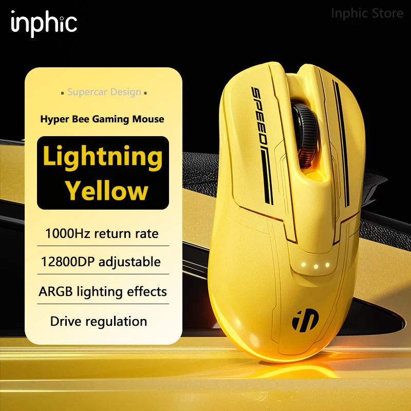 INPHIC Super Racing Car Series Wireless Bluetooth Gaming Mouse, 12800 DPI Rechargeable RGB Gaming Mouse with Battery Display, Customizable Wireless Mouse