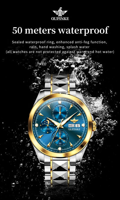 OUPINKE 3299 Automatic Man Watch Exclusive Dual Calendar Luxury Mechanical Wristwatches Moon Phase Waterproof Chronogprah Watch