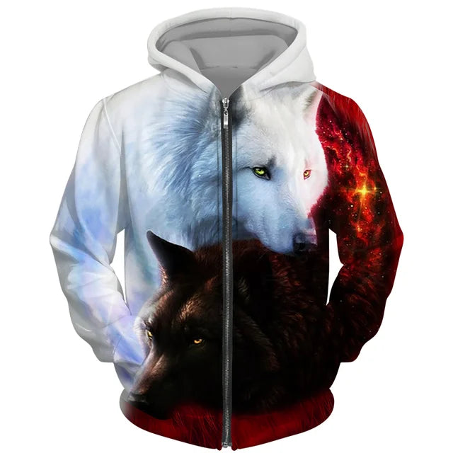 Sweat à capuz com fecho e estampado 3D de lobo, estilo streetwear, para homem/mulher, casaco com capuz unissexo casual hip-hop