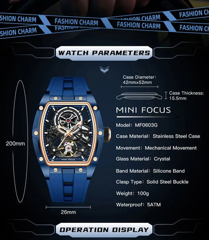 MINI FOCUS Men's Wristwatch Fashion Black Waterproof Automatic Mechanical Watch with Luminous Hands Silicone Strap Tonneau Dial