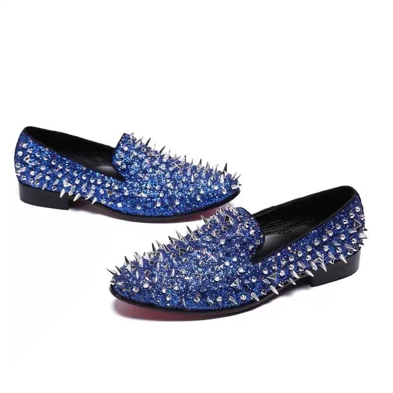 Modne niebieskie mokasyny z ćwiekami dla mężczyzn – luksusowe, ręcznie wykonane, wsuwane, eleganckie buty męskie, buty ślubne