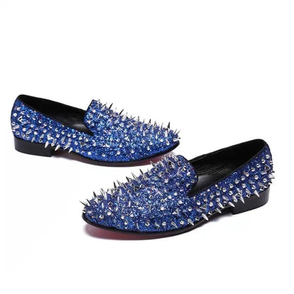Modne niebieskie mokasyny z ćwiekami dla mężczyzn – luksusowe, ręcznie wykonane, wsuwane, eleganckie buty męskie, buty ślubne