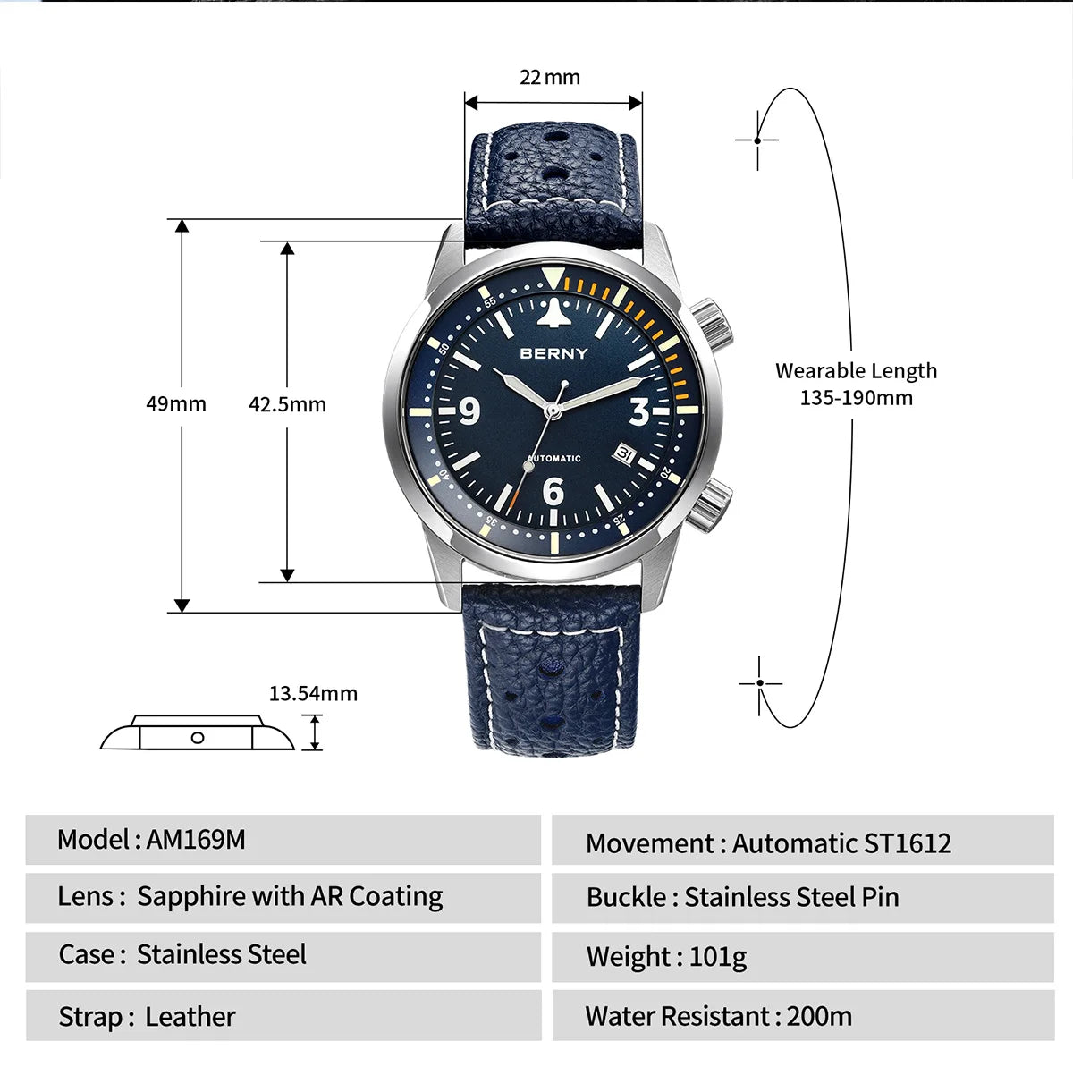 BERNY Men's Automatic Diver Watch Supper Luminous Sapphire AR Coated MlYOTA 8215 Leather Strap Mechanical Diving Watches for Men