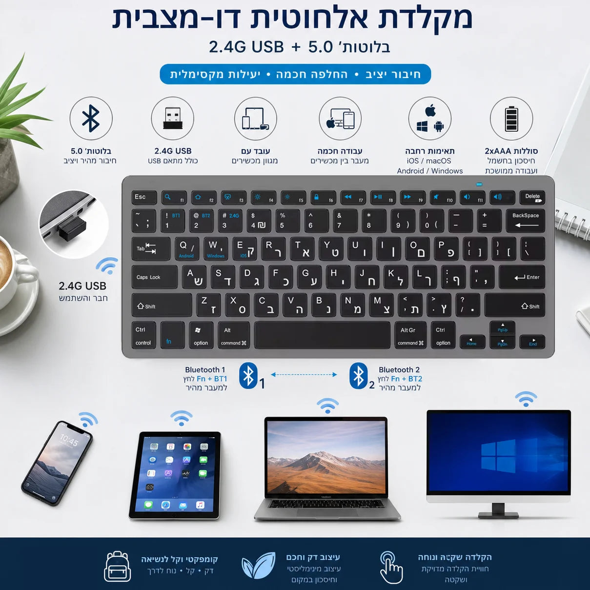 Ultraflache hebräische Bluetooth- & 2.4G-Dual-Mode-Tastatur, kabellose Israel-Tastatur mit geringer Geräuschentwicklung für iOS, iPad, Android-Tablets und Windows