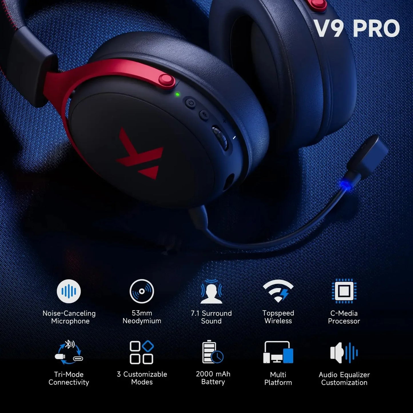 MCHOSE V9 Pro Gaming Wireless Headset7.1 Surround Sound Headphones Noise Canceling Mic Low Latency Lightweight for PS5 PC SWITCH