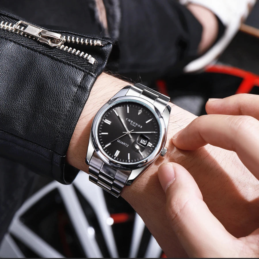 Męski zegarek na rękę CHRONOS – luksusowa marka, wodoodporny, podświetlany, z datownikiem, ze stali nierdzewnej, z mechanizmem kwarcowym.