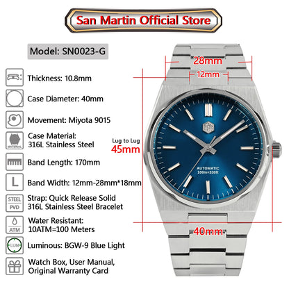 San Martin Classic Men Watch 40mm Miyota 9015 Luxury Dress Automatic Mechanical Wristwatch Quick Release Bracelet SN0023 Reloj