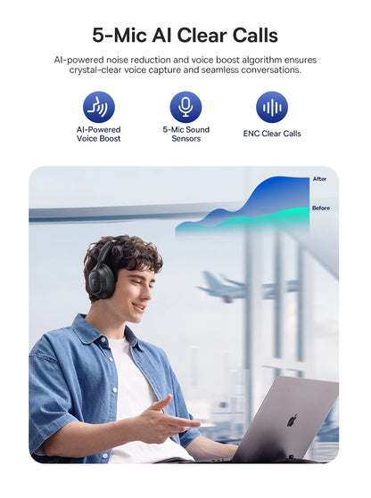 Baseus Bass EH10 NC Noise Cancelling Wireless Headphones Bluetooth 6.0 Over Ear Headset with 45dB ANC, 80H Battery, Hi-Res Audio & AI Calls