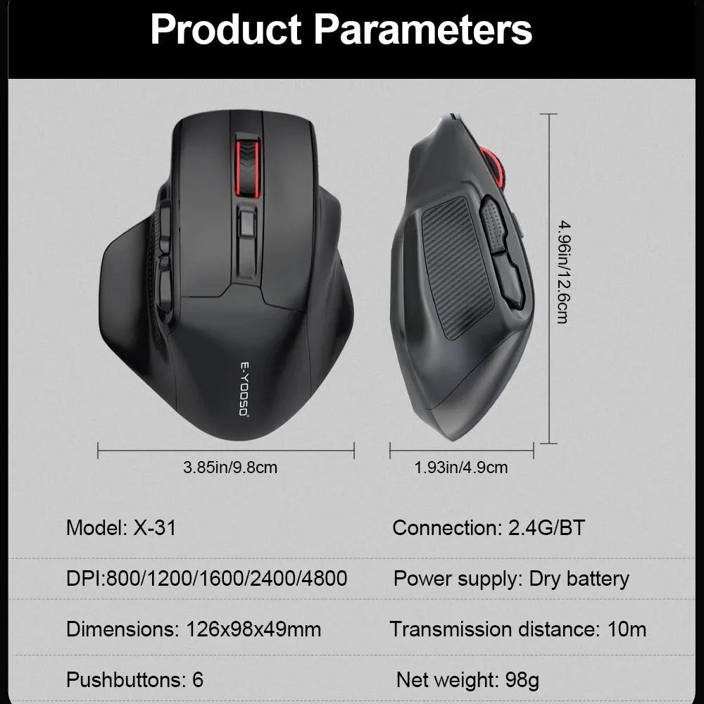 E-YOOSO X-31 Pro USB-gamingmus, stor, med Bluetooth-stöd, 2.4G trådlös, PAW3212, 4800 DPI, för gamers, dator, laptop och PC