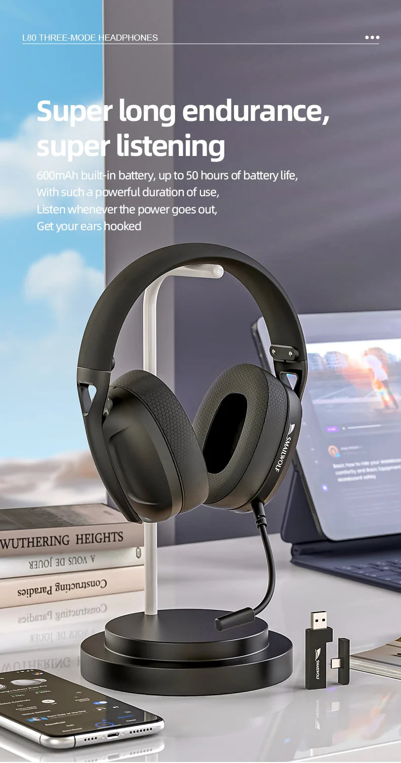 SMAILWOLF L80 Wireless Gaming Headset Bluetooth 5.0 & 2.4GHz Triple-Mode Gaming Headphones with Microphone for PC, Laptop, PS5 & Mobile