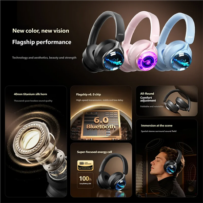Acer OHR712 Wireless Bluetooth 6.0 Headphones, Foldable Over-Ear Bluetooth Headphones with Active Noise Cancellation, 360° Spatial Sound, HiFi Deep Bass Headset for Travel, Home & Office