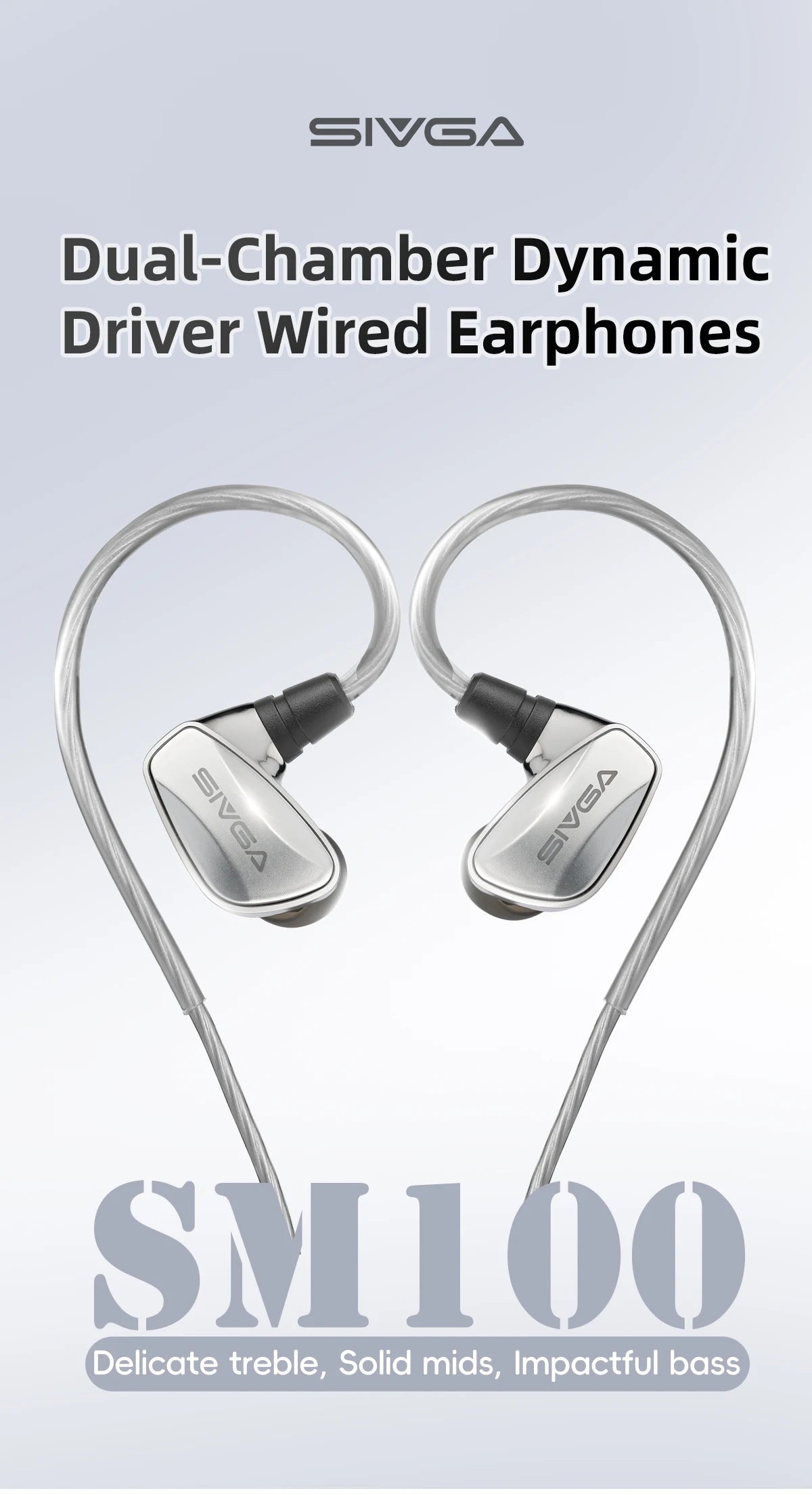 SIVGA SM100 10mm Dual-Chamber Dynamic Driver In-Ear Wired Earphones 0.78 mm 2-Pin Detachable Cable with Mic for Music/Gaming