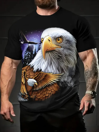 Men's Patriotic 3D Eagle Print T-Shirt Casual Crew Neck Short Sleeved Pullover for Summer Fashion Outdoor Activities Men Clothes